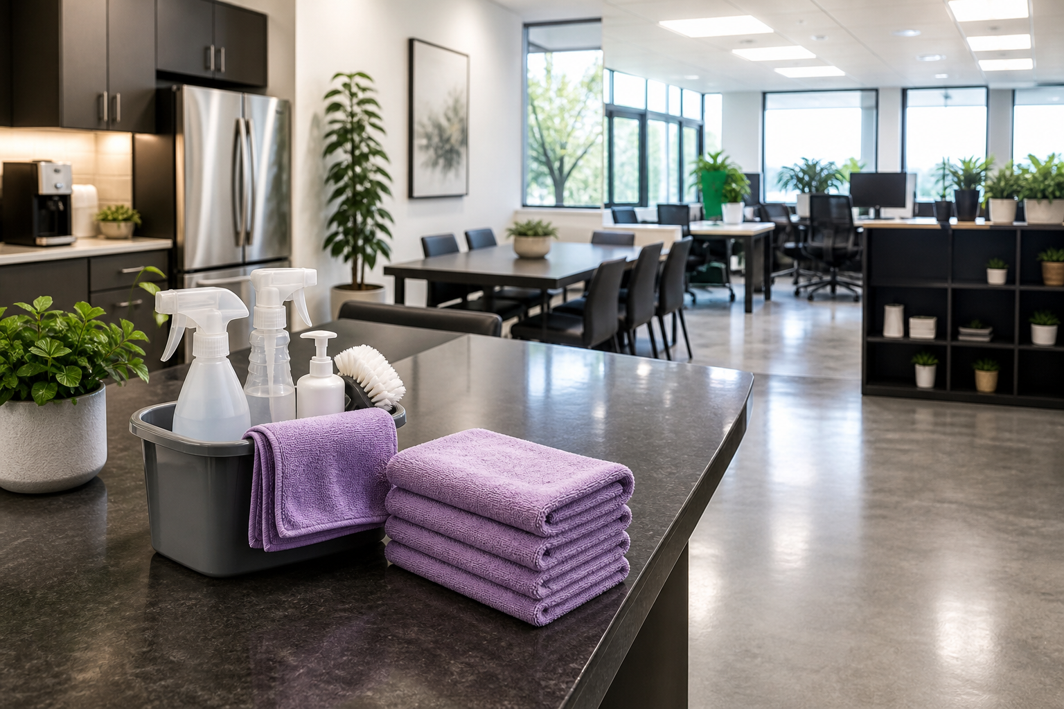 Clean office breakroom and workspace with microfiber cloths and cleaning supplies